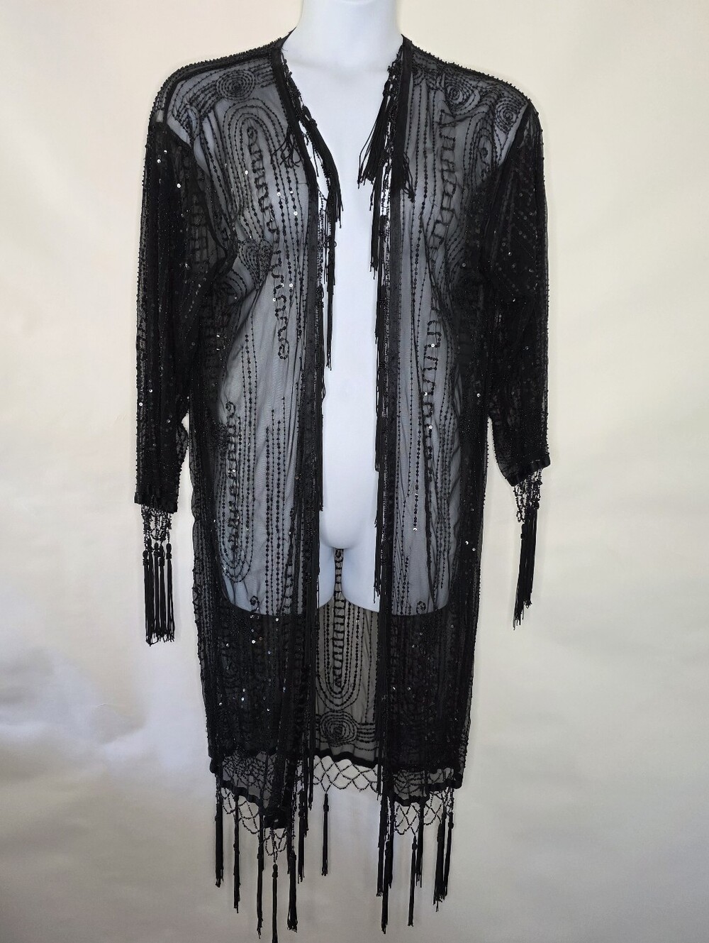Beaded Sequin Tassel Trim Mesh Kimono Black Fringe Long Cardigan Whimsigoth Boho